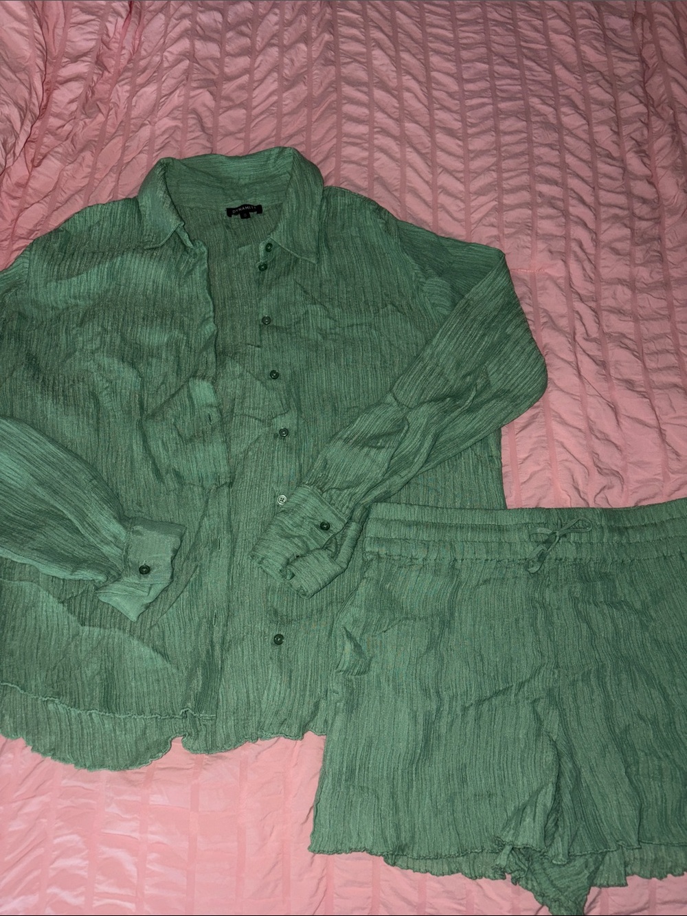 Dynamite Green Button-Up Set with Shorts